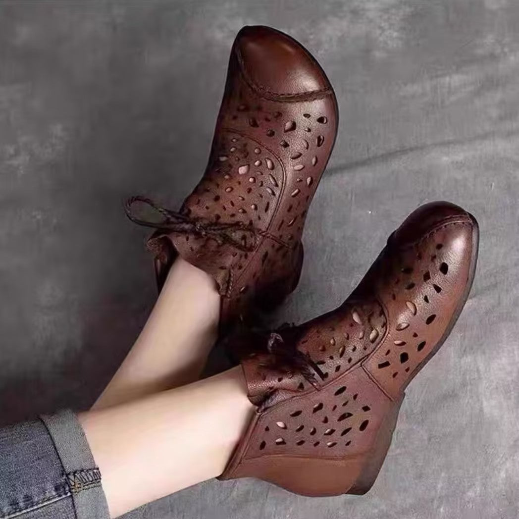 Women's soft leather openwork mesh ankle boots