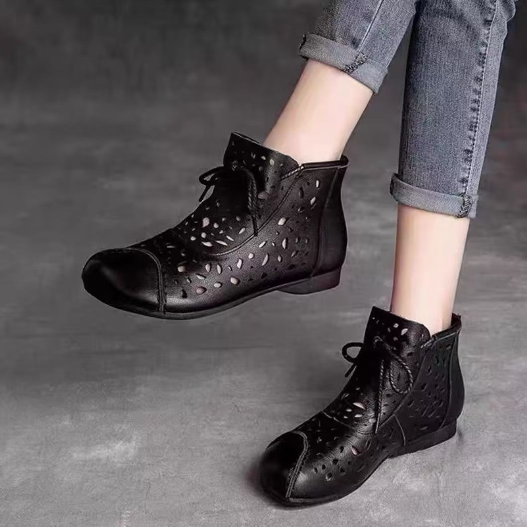 Women's soft leather openwork mesh ankle boots