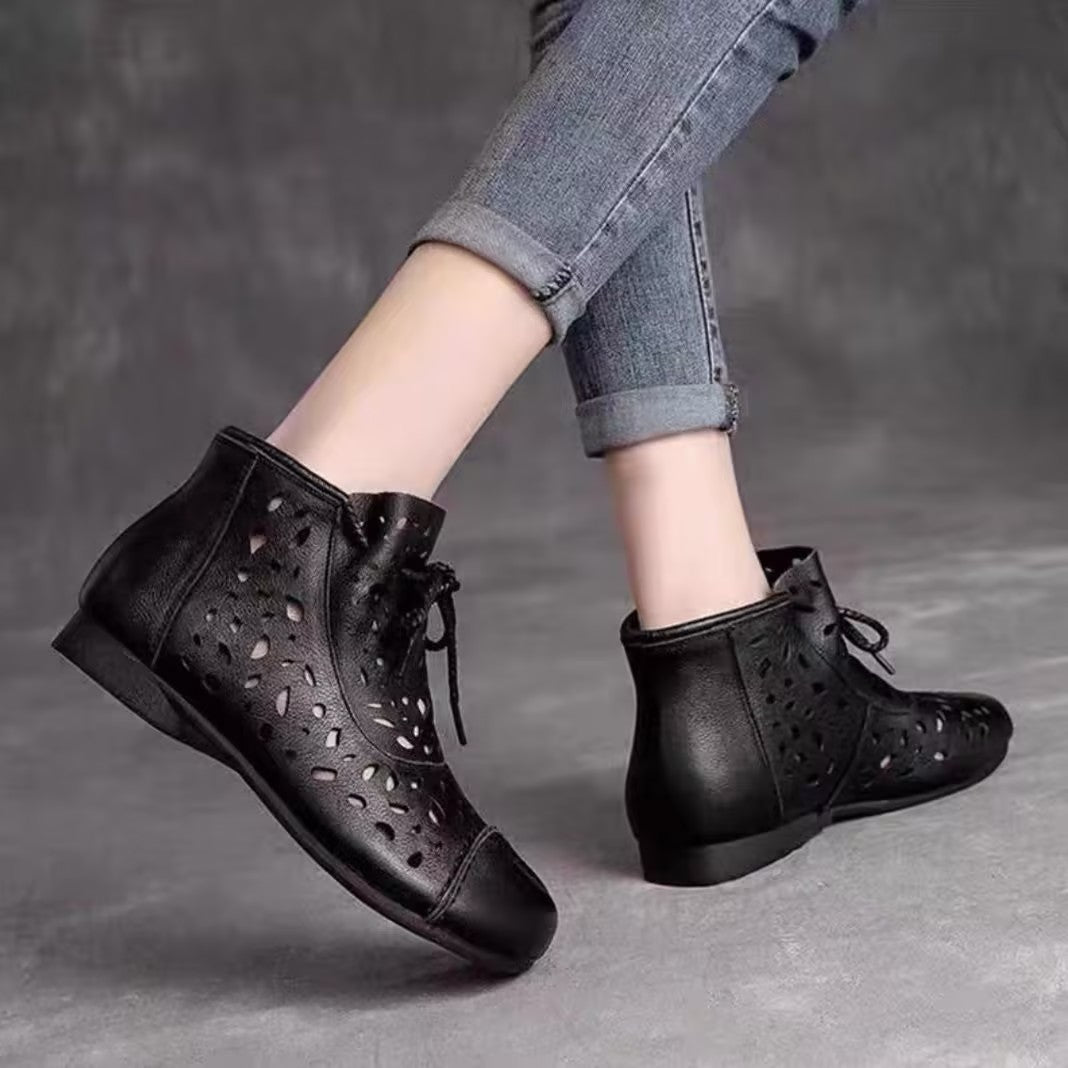 Women's soft leather openwork mesh ankle boots