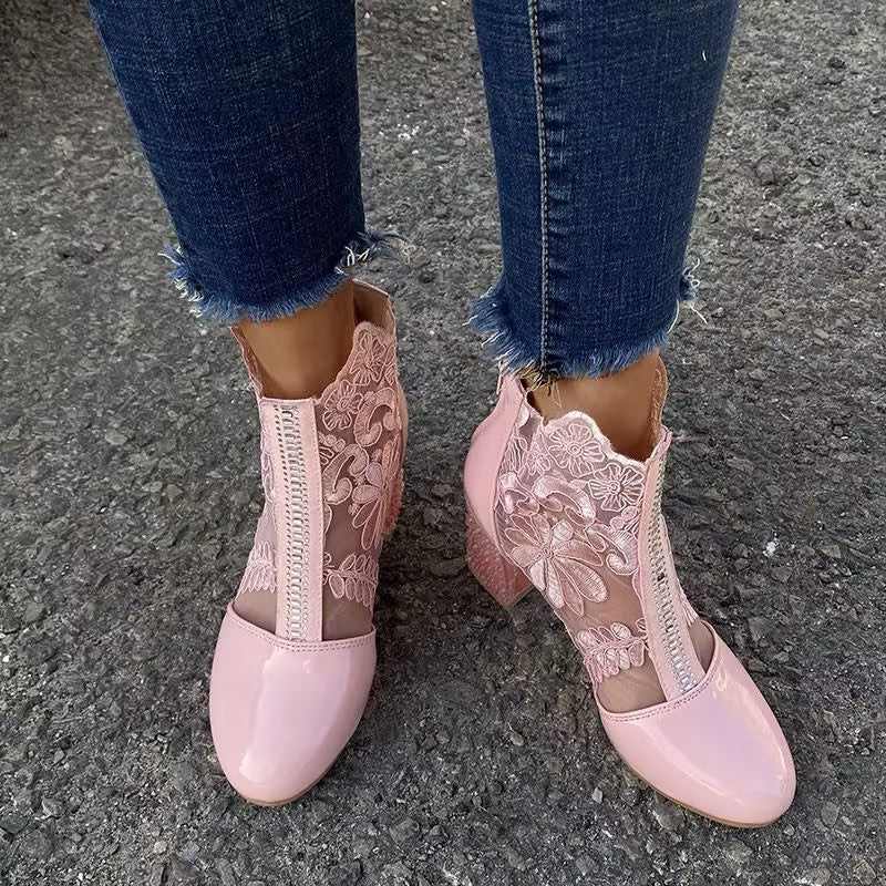 Women's lace mesh high-heeled ankle boots