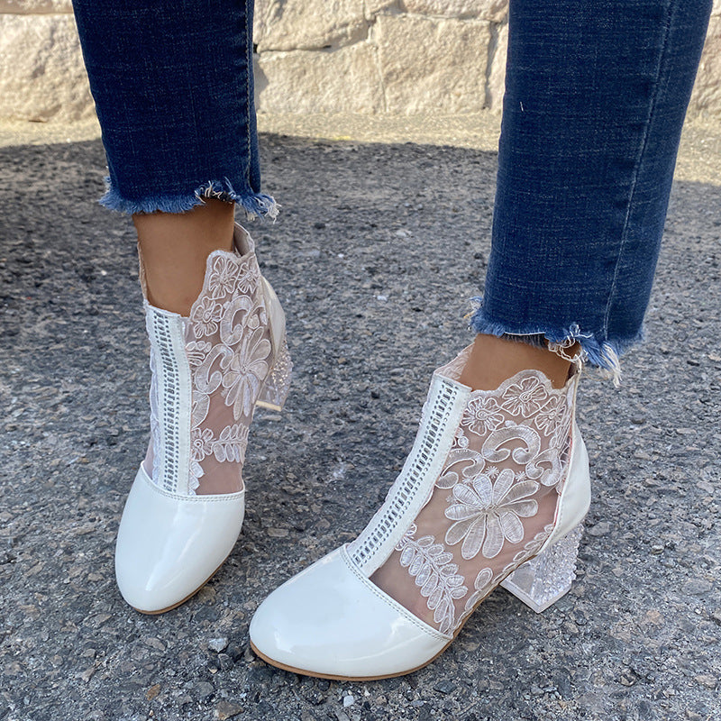 Women's lace mesh high-heeled ankle boots