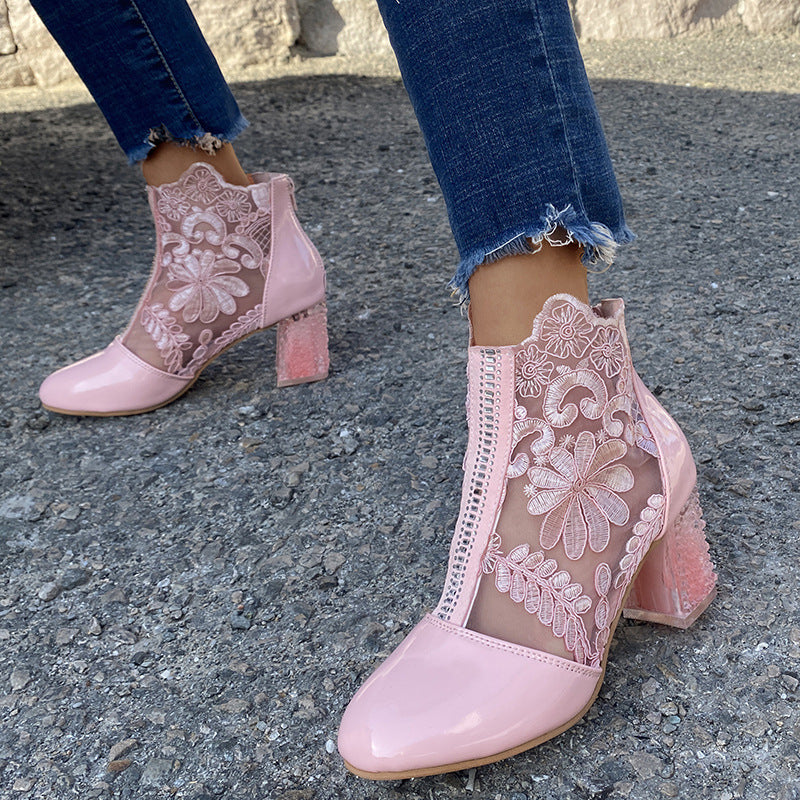 Women's lace mesh high-heeled ankle boots