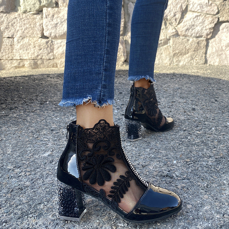 Women's lace mesh high-heeled ankle boots
