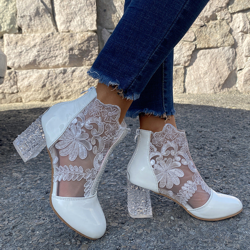 Women's lace mesh high-heeled ankle boots