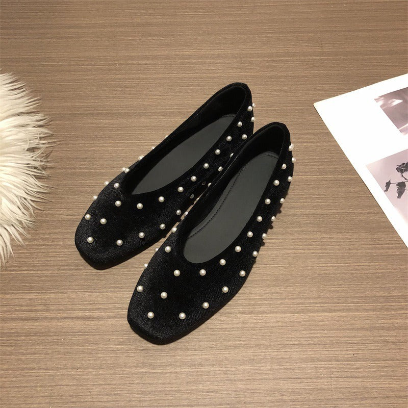 Women's velvet pearl slip-on shoes