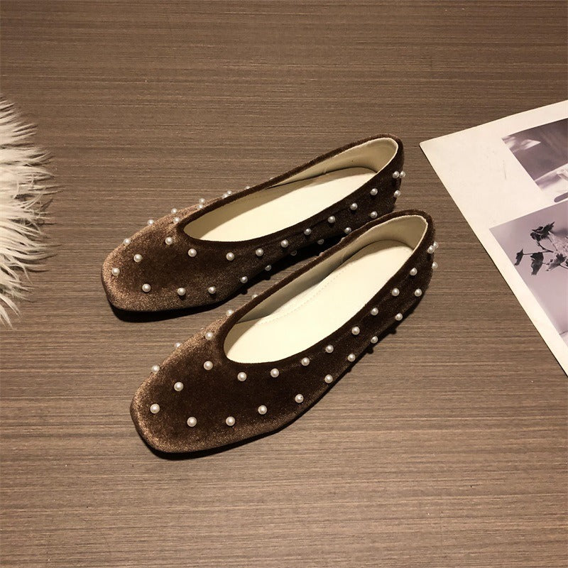 Women's velvet pearl slip-on shoes