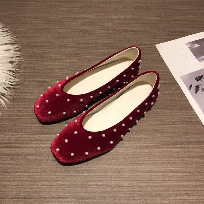 Women's velvet pearl slip-on shoes