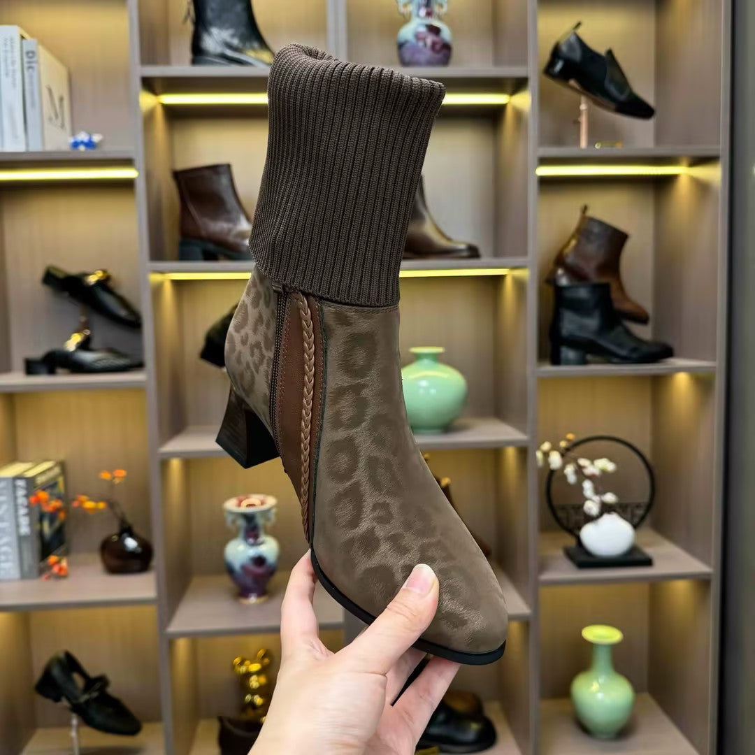 Women's leopard print low-heeled boots
