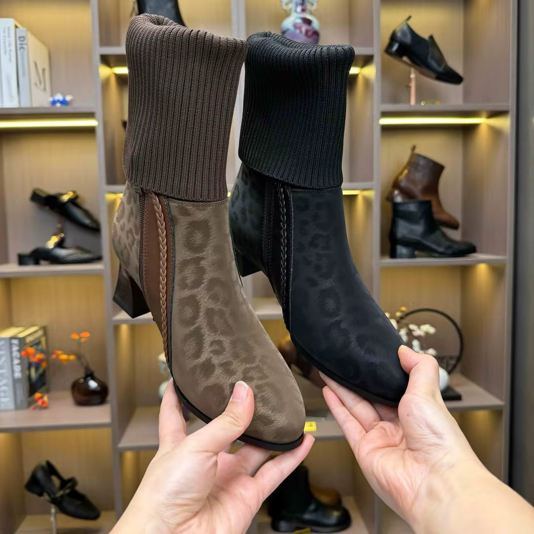 Women's leopard print low-heeled boots