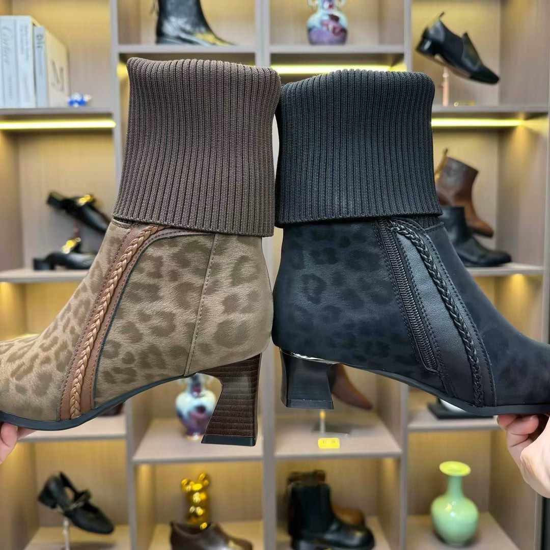 Women's leopard print low-heeled boots