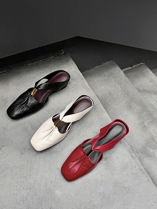 Women's soft leather pleated slip-on shoes