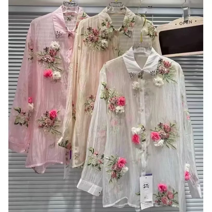 Women's 3D floral rhinestone thin shirt