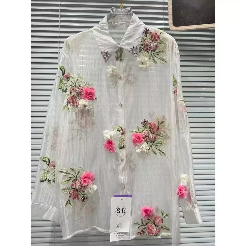 Women's 3D floral rhinestone thin shirt