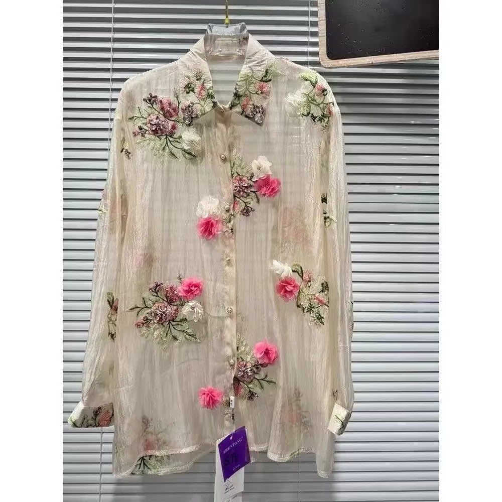 Women's 3D floral rhinestone thin shirt