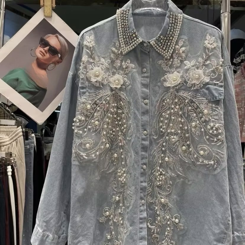 Women's denim beaded floral shirt