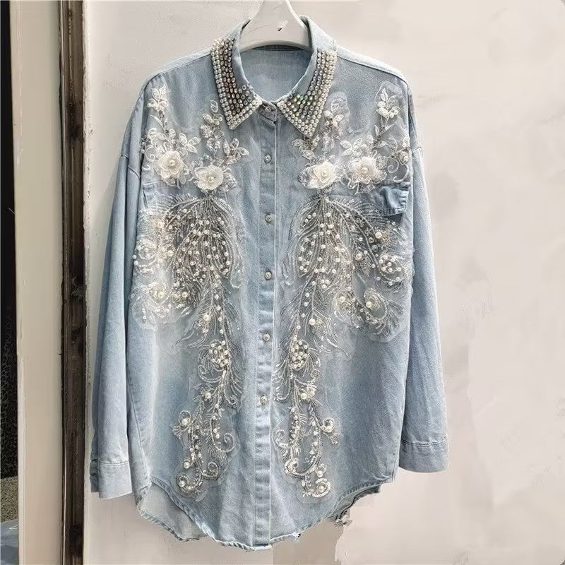 Women's denim beaded floral shirt
