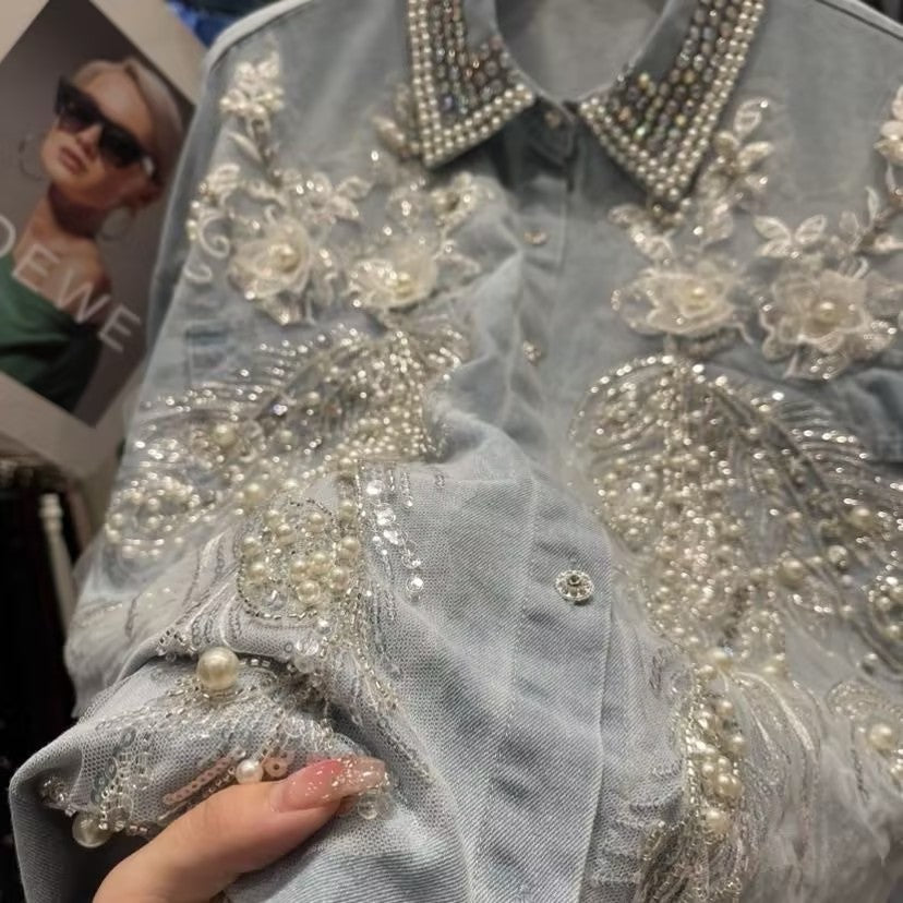 Women's denim beaded floral shirt