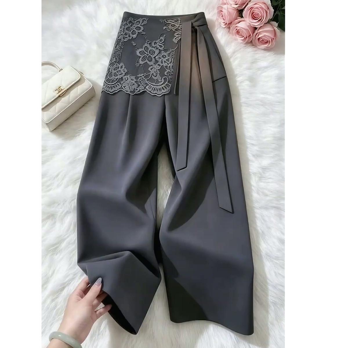 Women's False Two-Piece Lace Ribbon-Tied Pants