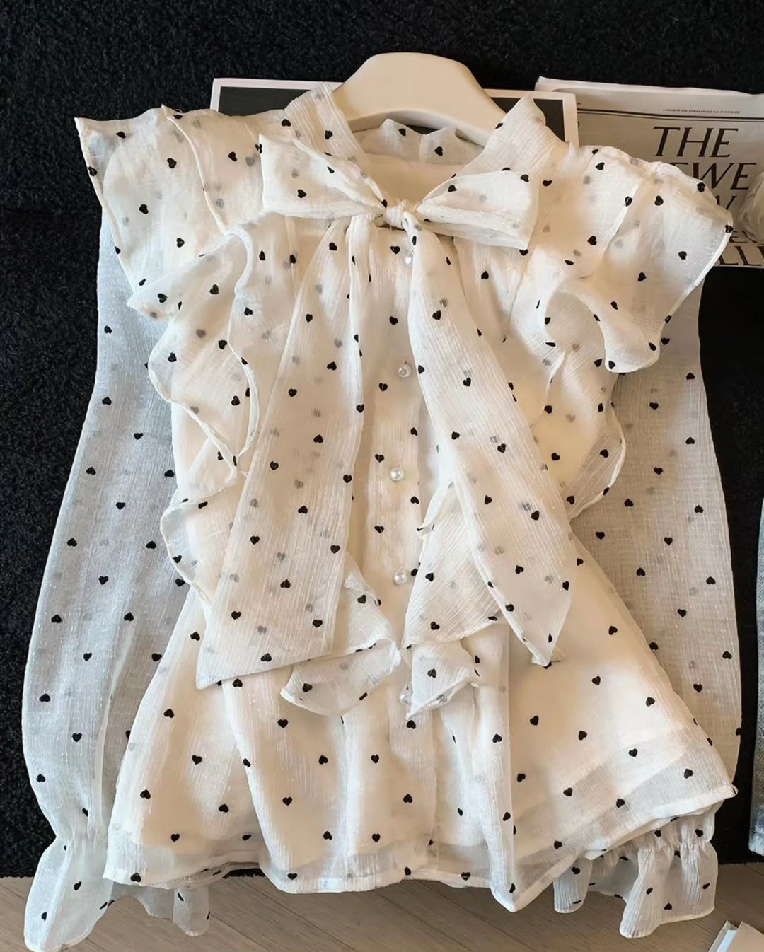 French-style polka dot ruffled shirt