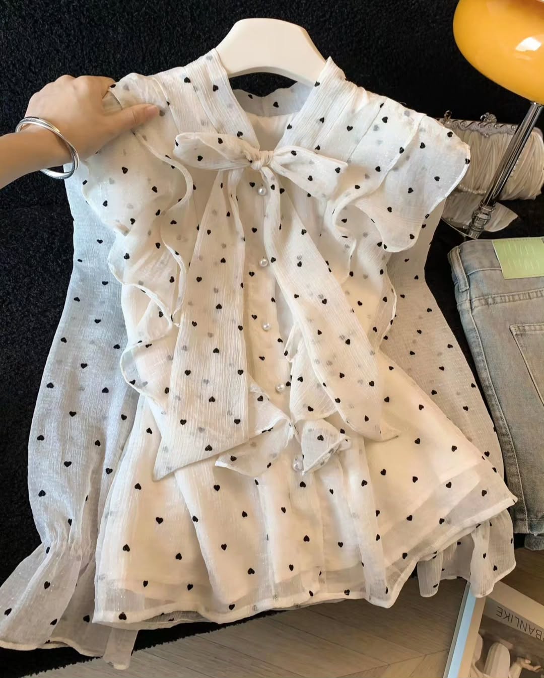 French-style polka dot ruffled shirt