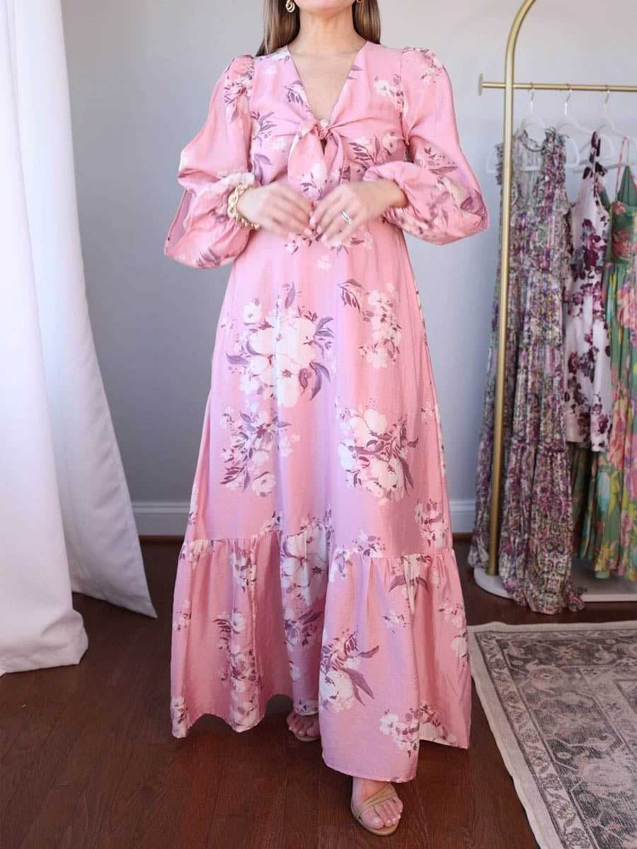 Floral Print Long Sleeve Tie Front Maxi Dress