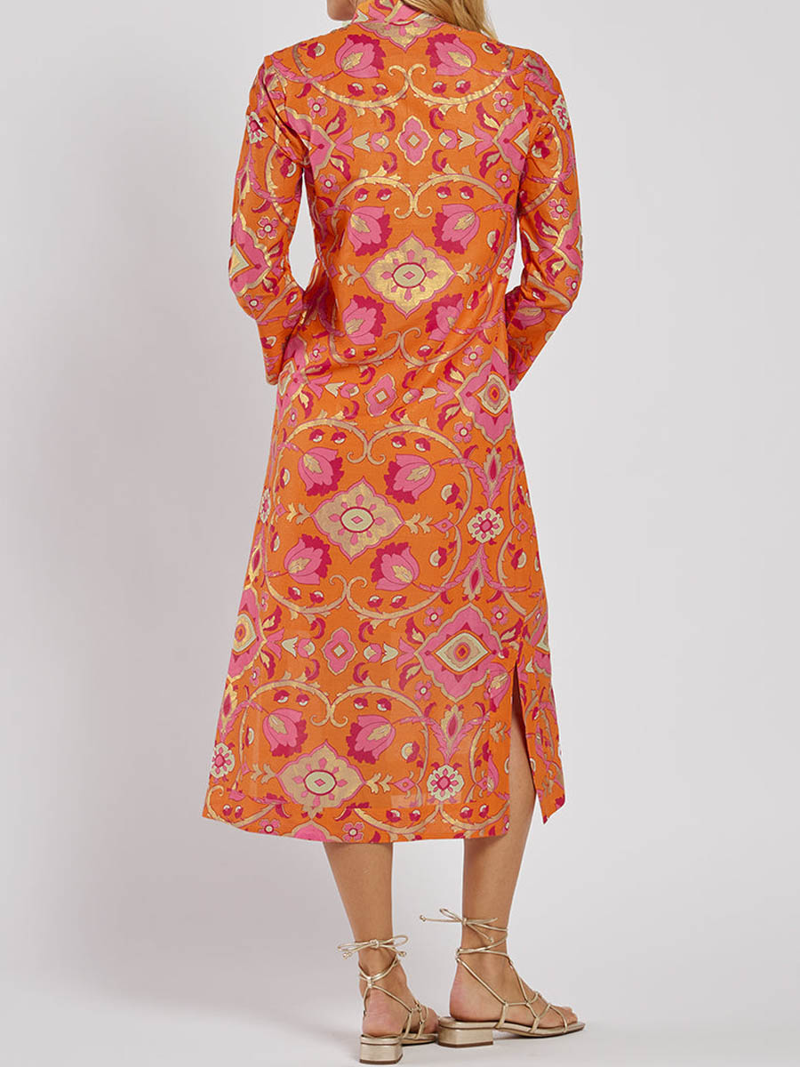 V Neck Long Sleeve Printed Dress