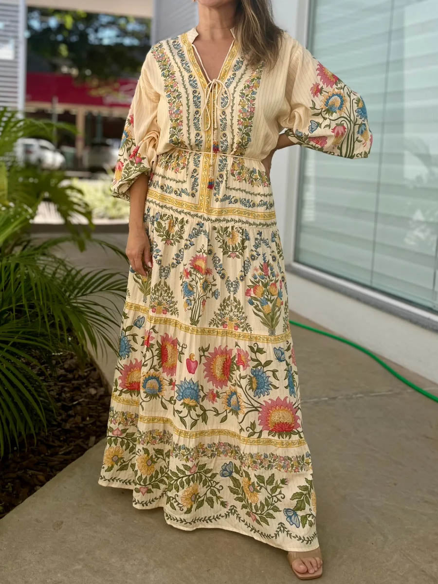 Printed Long Sleeve Tie-waist Maxi Dress