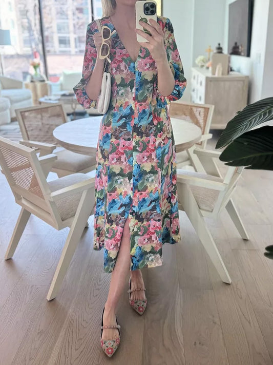 Floral Print V Neck Midi Dress