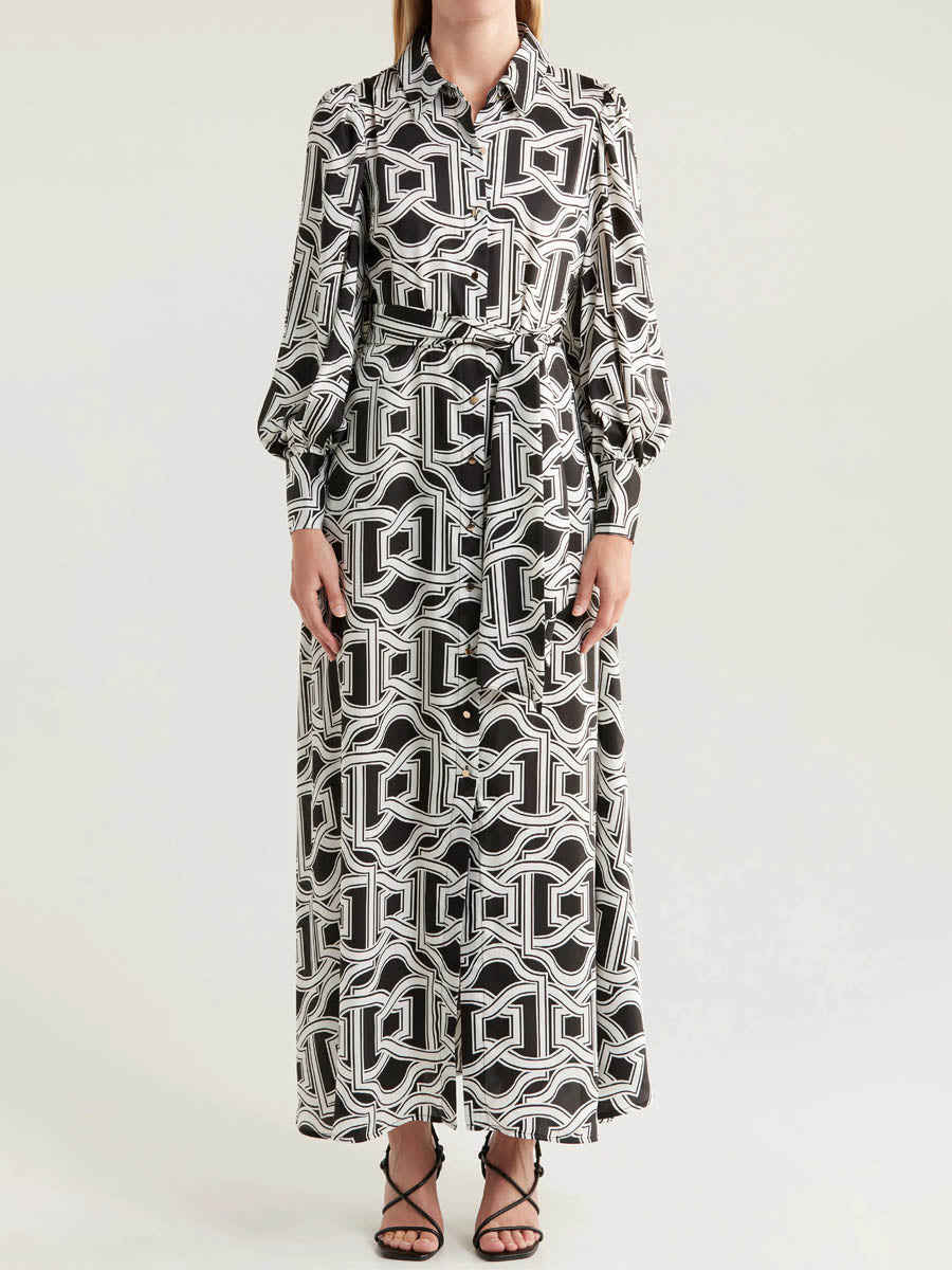 Printed Tie-waist Long Sleeve Maxi Dress