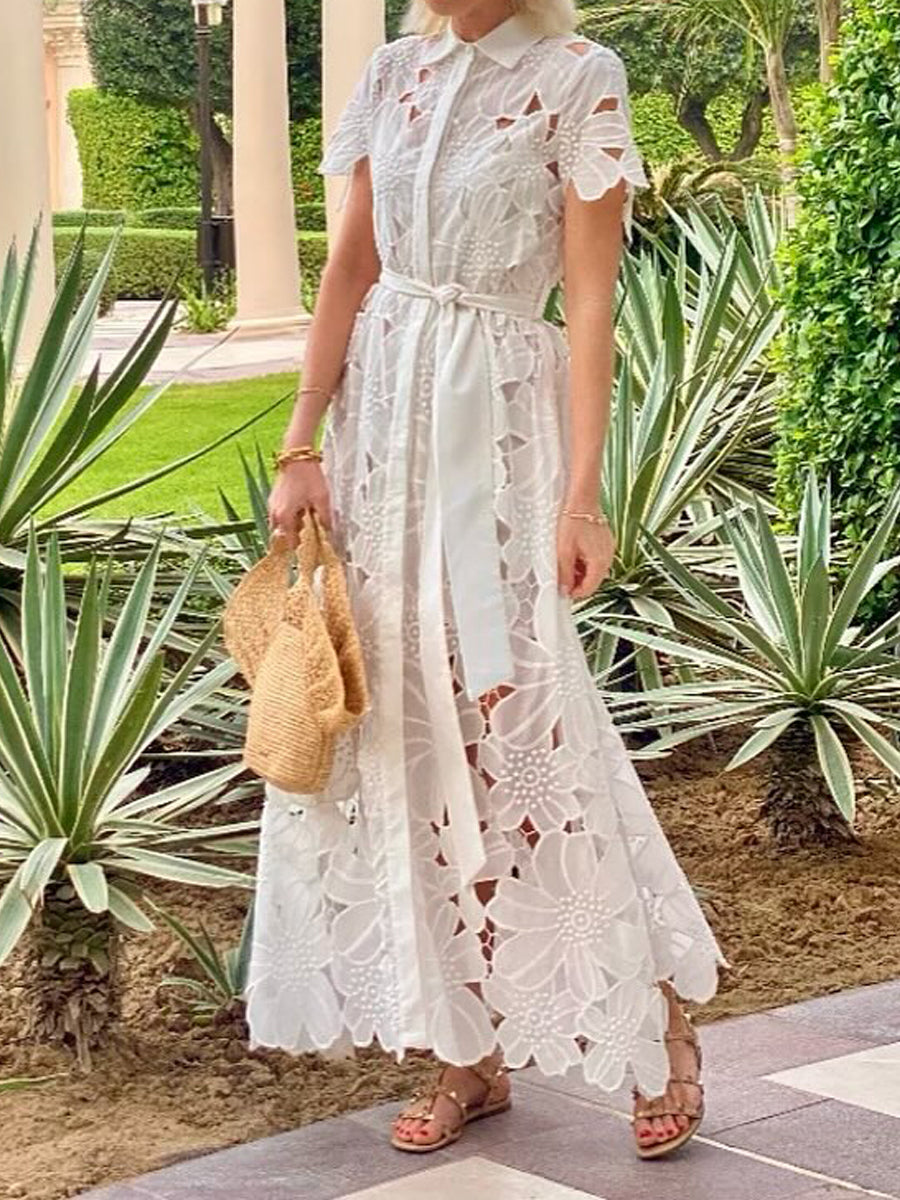 Lace Short Sleeve Belted Maxi Dress