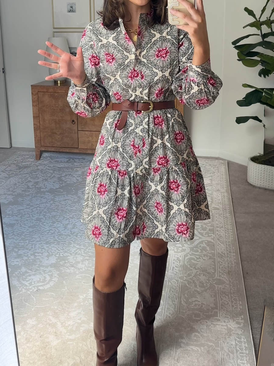 Printed Long Sleeve A-line Mini Dress