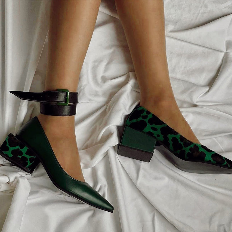 Color Block Pointed Thick Heeled Shoes