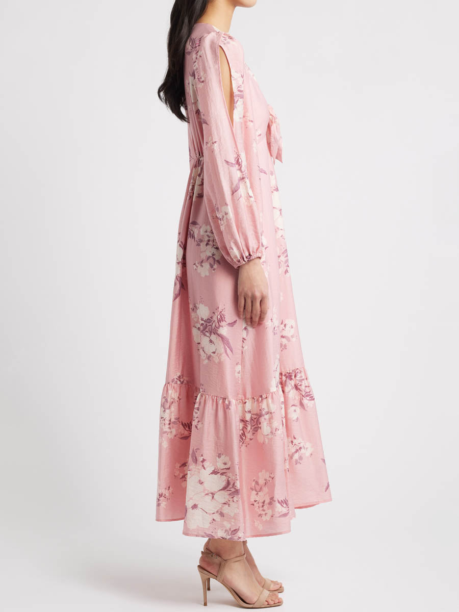 Floral Print Long Sleeve Tie Front Maxi Dress