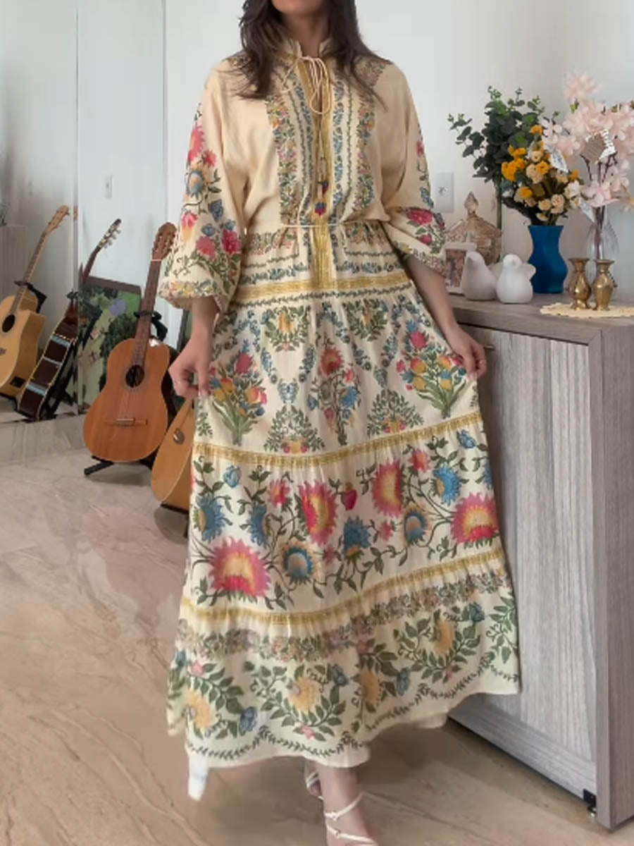 Printed Long Sleeve Tie-waist Maxi Dress