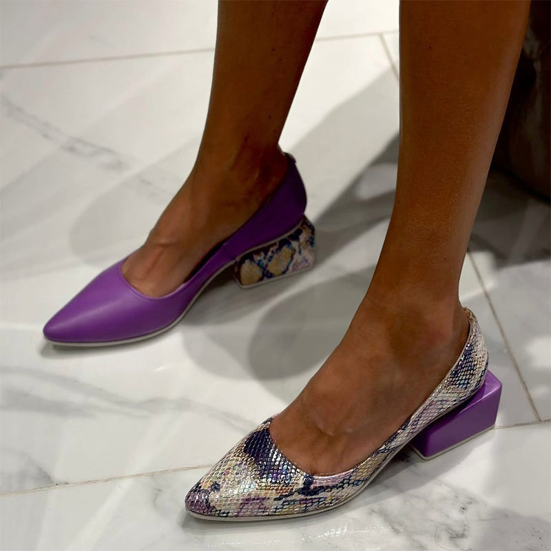 Color Block Pointed Thick Heeled Shoes