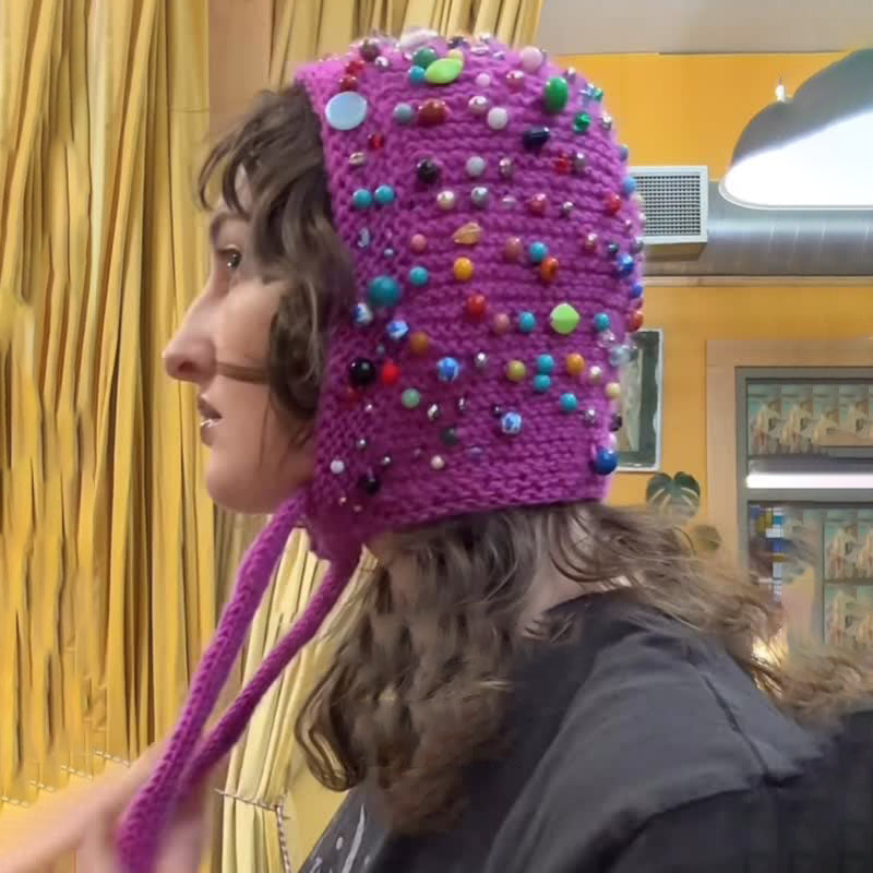 Handmade Tie Up Knitted Beaded Hat