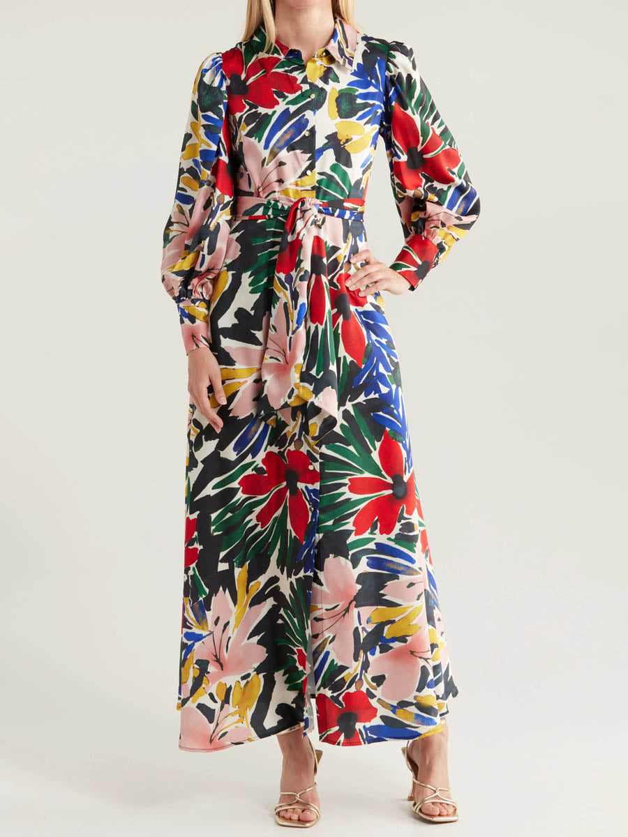 Printed Tie-waist Long Sleeve Maxi Dress