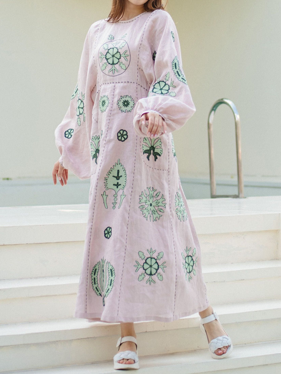 Embroidered Side Pockets Belted Dress