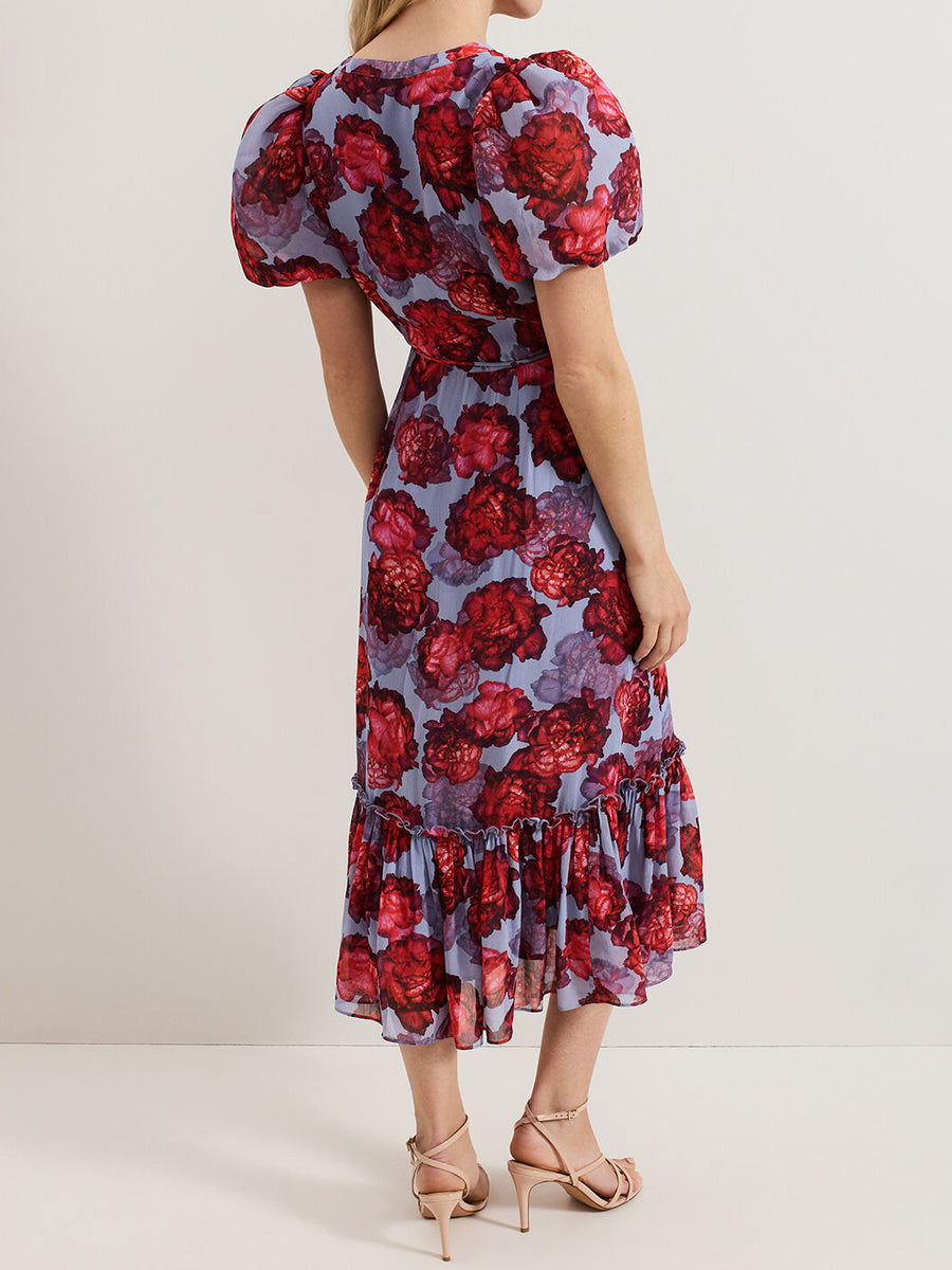 Printed Puff Sleeve Midi Dress