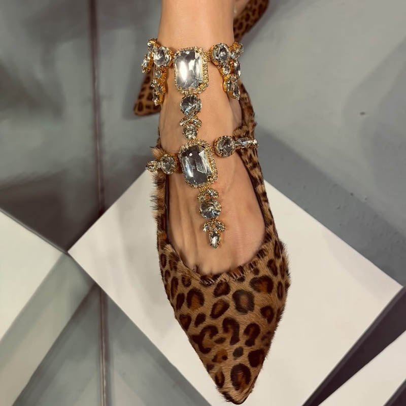 Leopard Rhinestone Sparkle Pointed Toe Flat Shoes