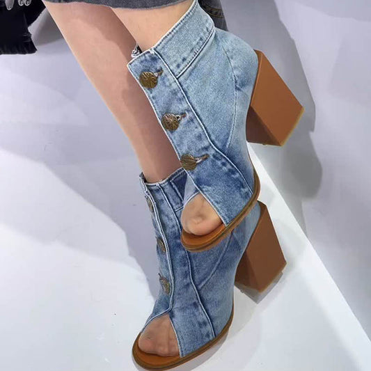 Vintage Fishmouth Denim Button Thick Heel Ankle Boots