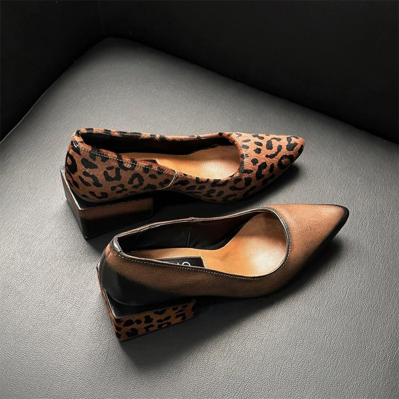Color Block Pointed Thick Heeled Shoes