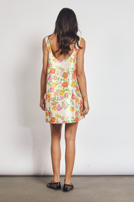 New Spring Summer Flower Print Mini Dress In Cream