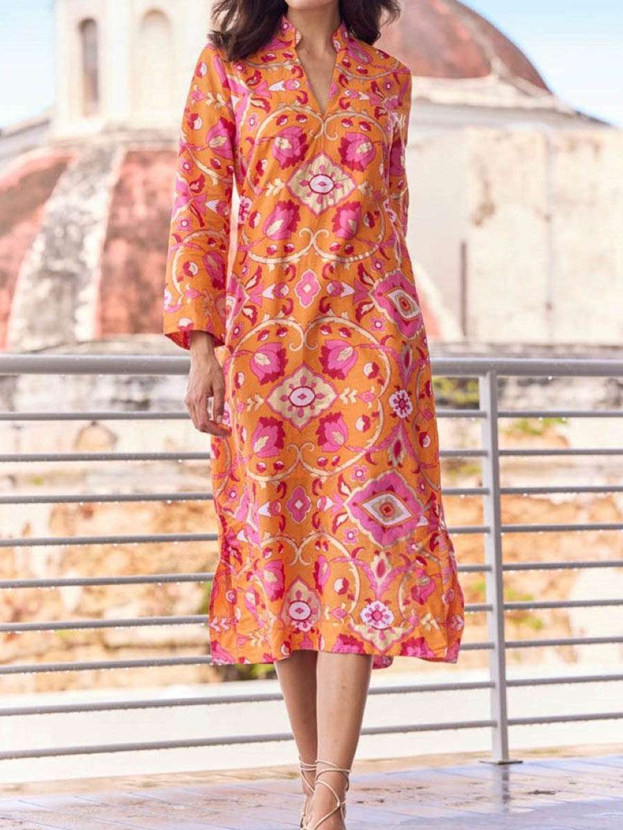 V Neck Long Sleeve Printed Dress