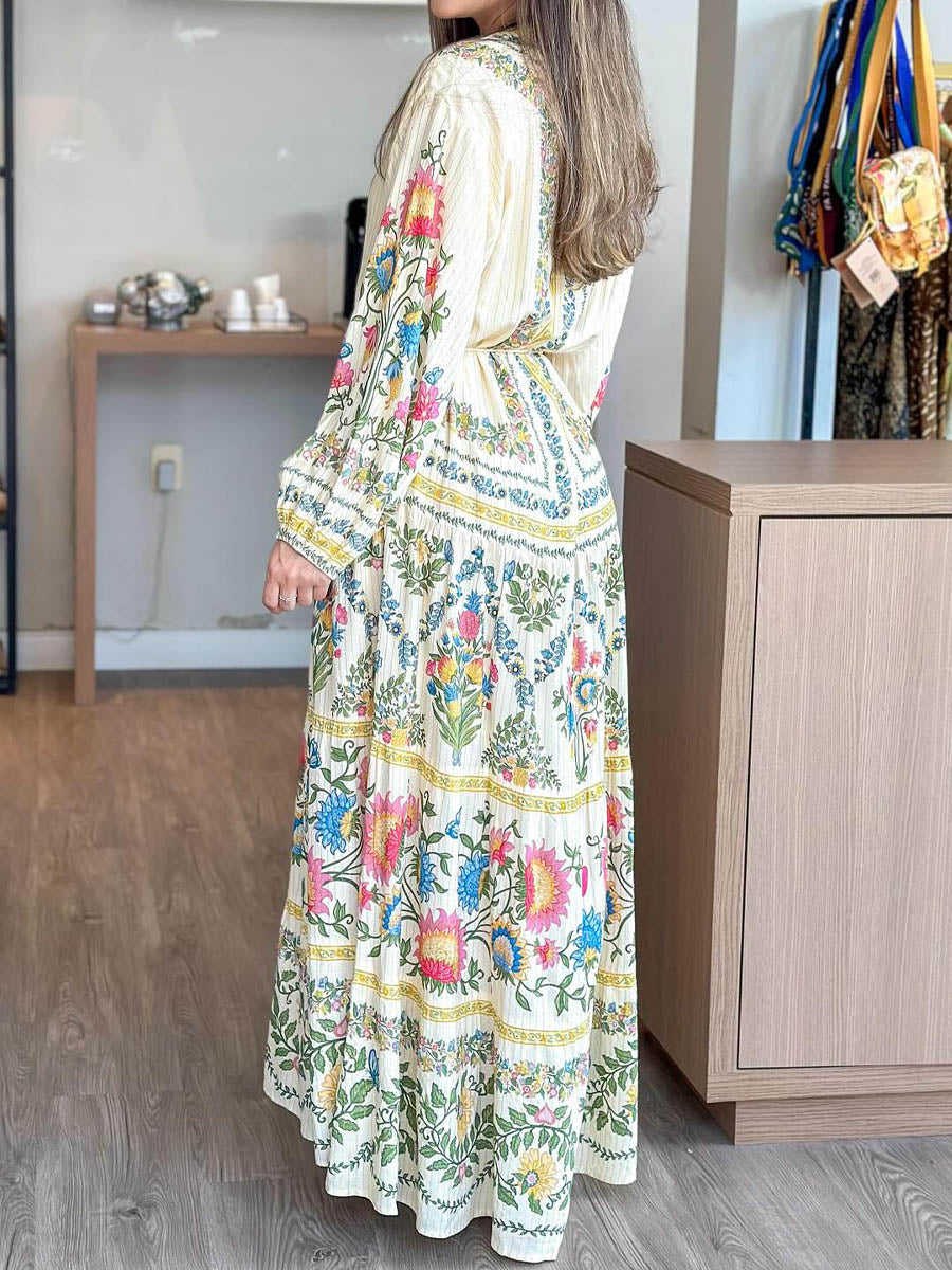 Printed Long Sleeve Tie-waist Maxi Dress