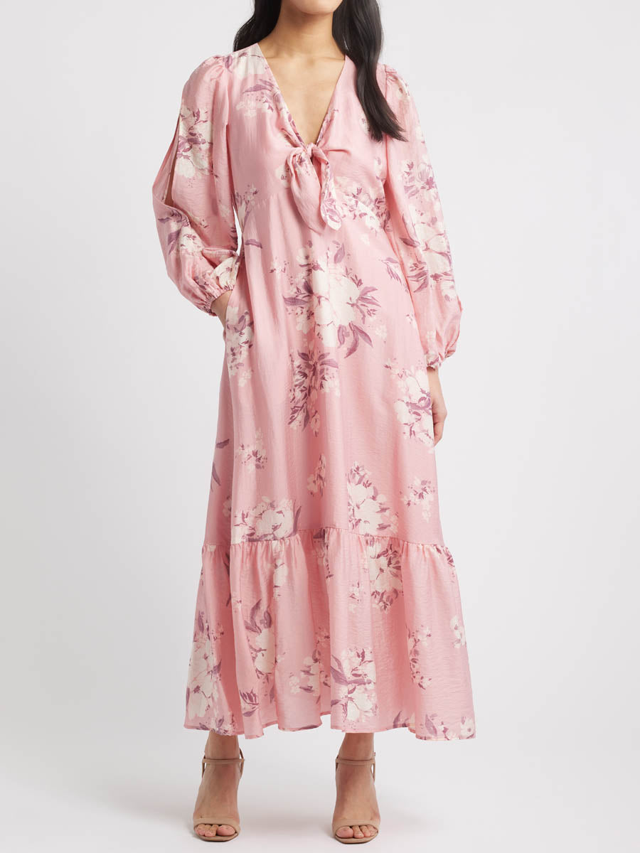 Floral Print Long Sleeve Tie Front Maxi Dress