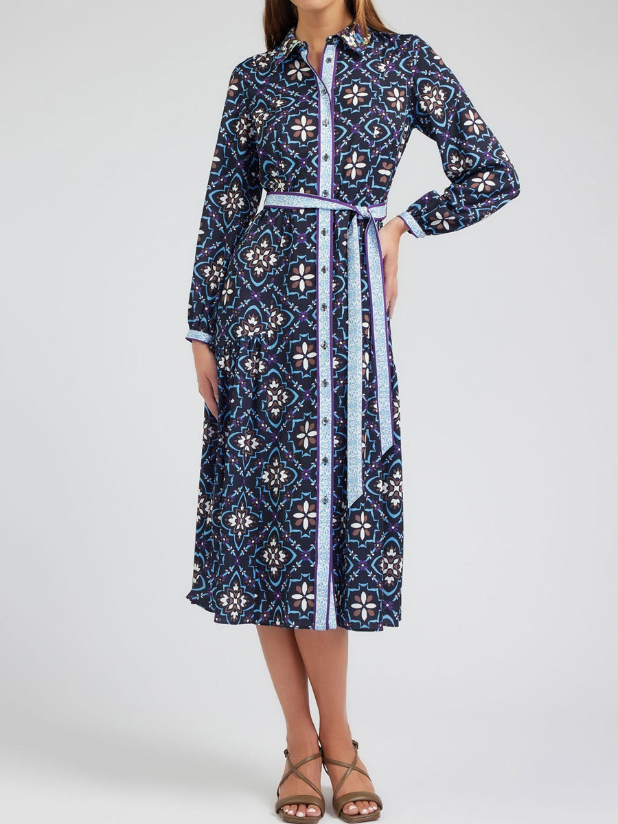 Printed Button Up Belted Shirtdress