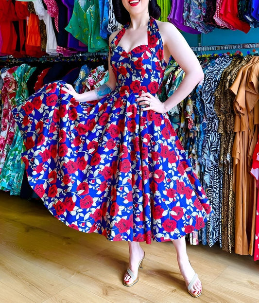 Retro Halterneck Circle Dress Navy Red Roses