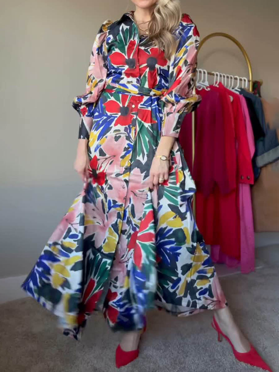 Printed Tie-waist Long Sleeve Maxi Dress