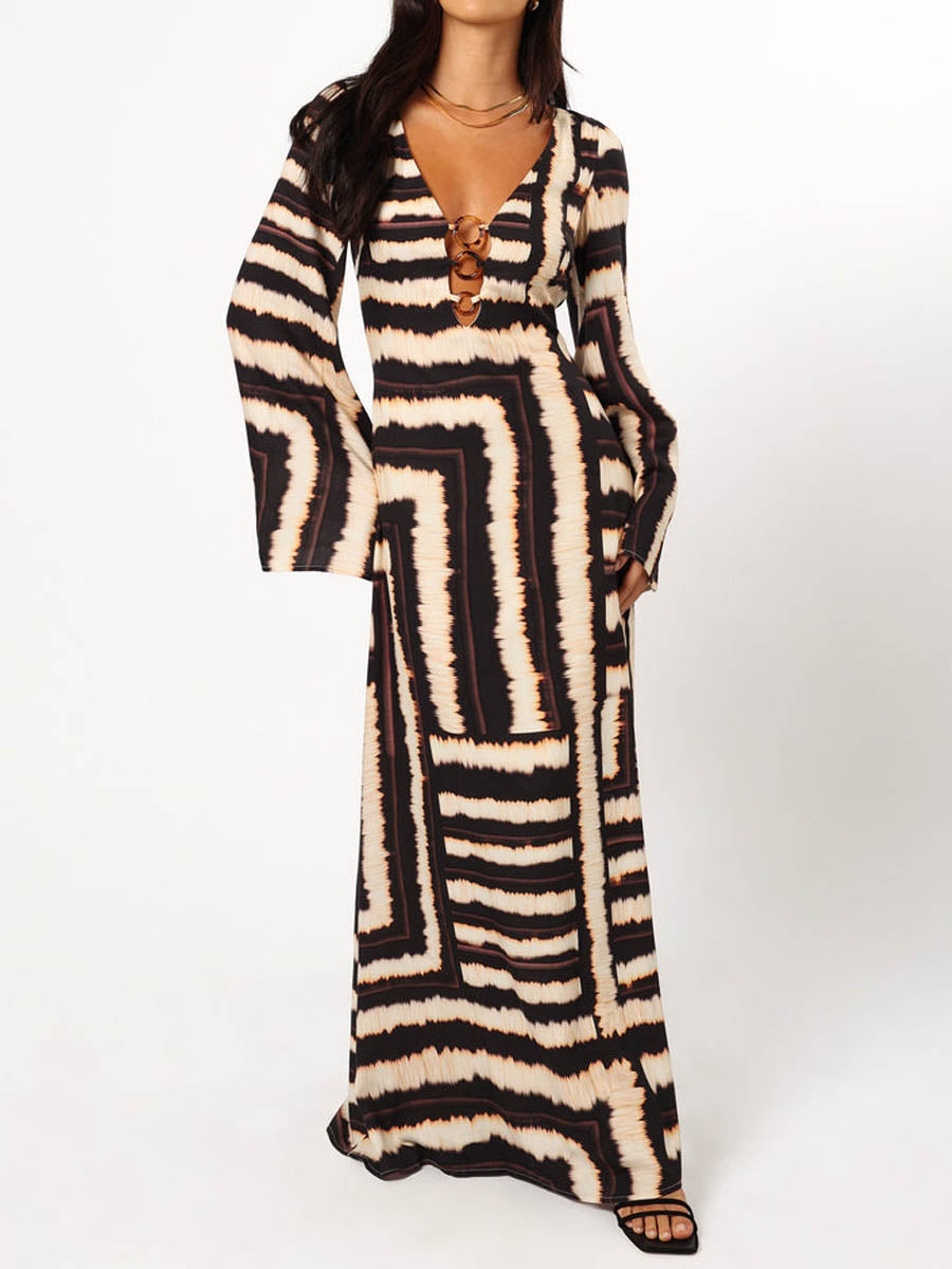 Fashion Striped Print Backless V-Neck Dress